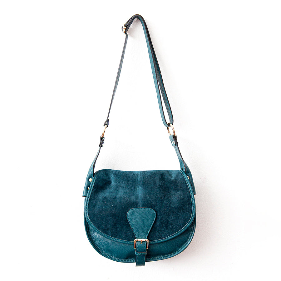 SADDLE Postman in dollar leather and suede flap (TEAL AND TAUPE)