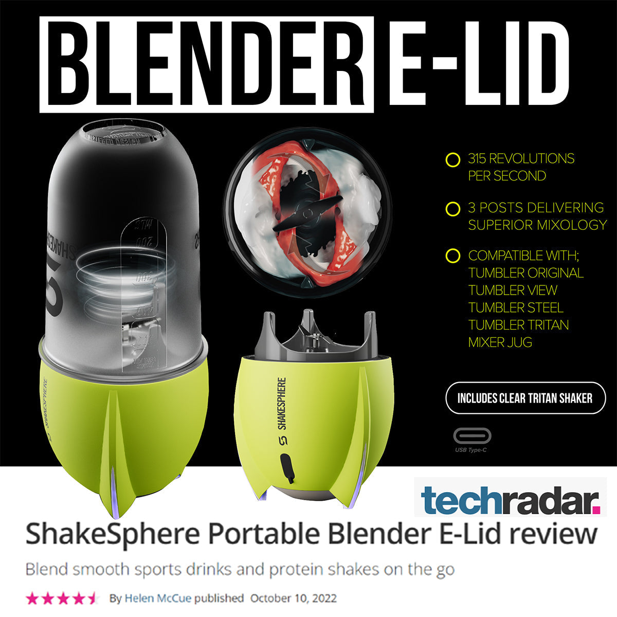 Shakesphere Portable Blender E-Lid Fluorescent Yellow